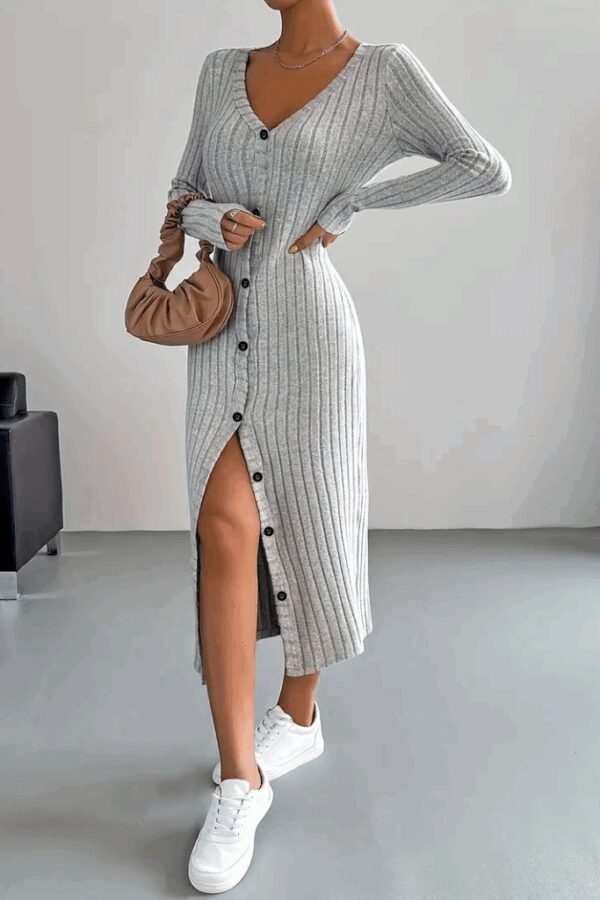 Kadın Uzun Kollu V Yakalı önden Düğmeli şardonlu Kaşkorse Elbise