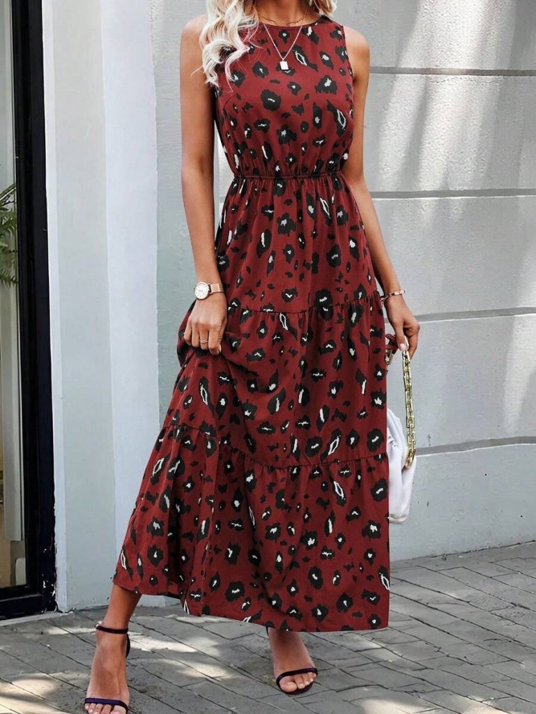 Kadın Kolsuz Bisiklet Yaka Beli Lastikli Desenli Süprem Elbise - Görsel 2