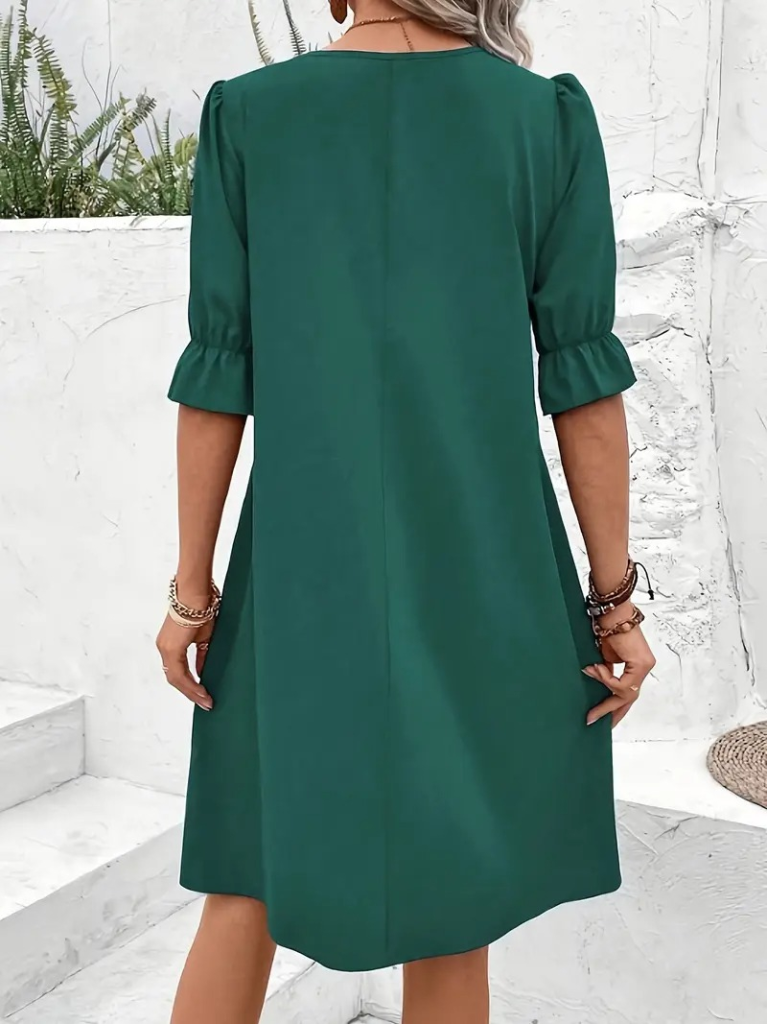 Kadın Kısa Kollu V Yakalı Salaş Janjan Krep Elbise - Görsel 9