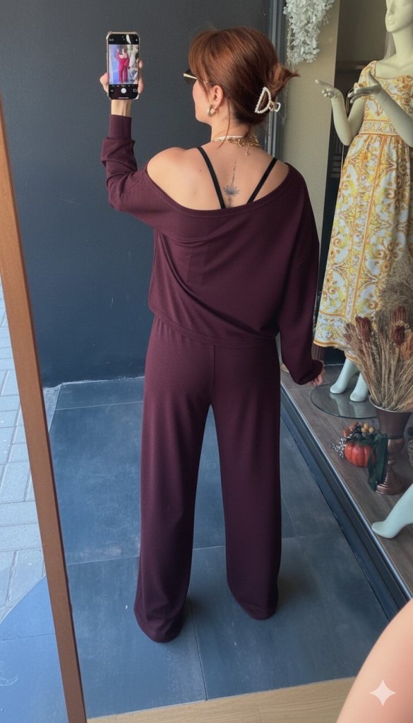 Kadın Uzun Kollu Tek Omuzdan Açık Viskon Iki Iplik Bluz Ve Pantolon Ikili Takım - Görsel 8