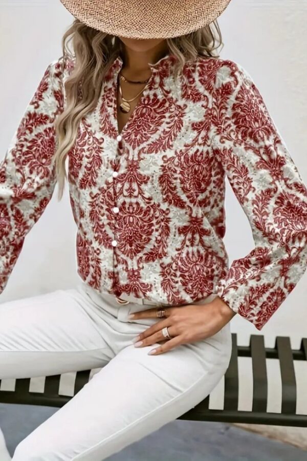 Kadın Uzun Kollu V Yakalı Desenli önü Düğmeli Ithal Keten Bluz