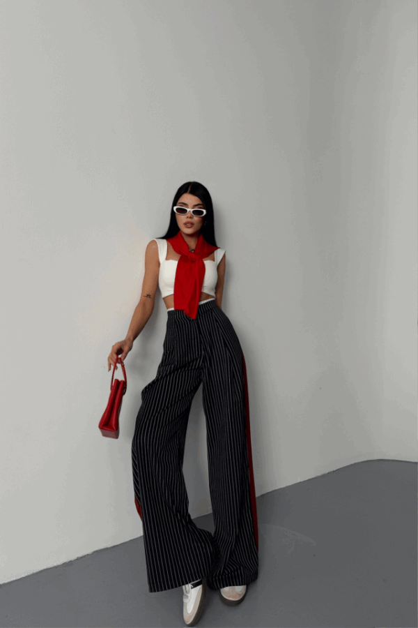 ÇİZGİLİ YANLAR ŞERİT DETAYLI PANTOLON - Siyah