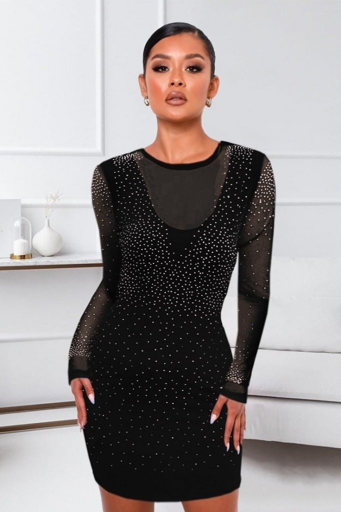 Kadın Uzun Kollu Yuvarlak Yaka Dekolteli Taşlı Dalgıç Elbise - Görsel 4