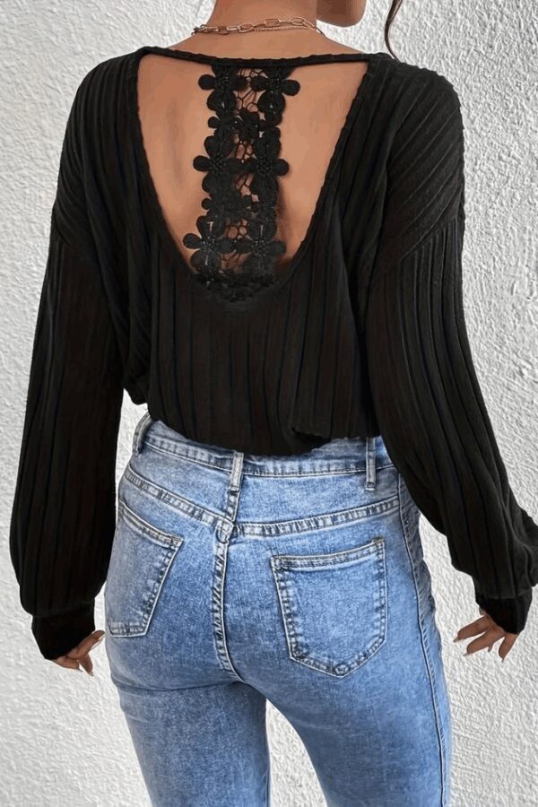 Kadın Uzun Kollu V Yakalı Pencere Sırt Dantel Detaylı Kalın Fitilli Kaşkorse Bluz