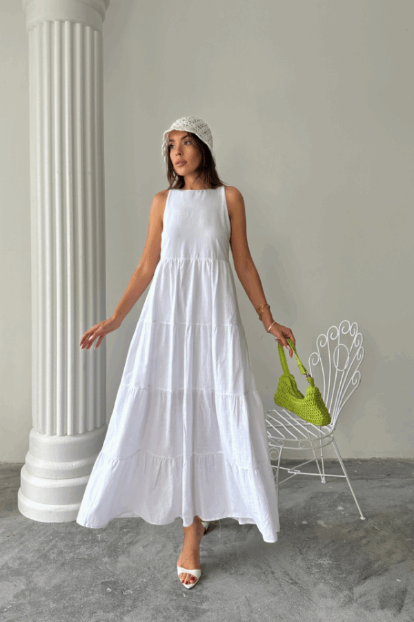 KOLSUZ UZUN FLAM KETEN ELBİSE - Beyaz