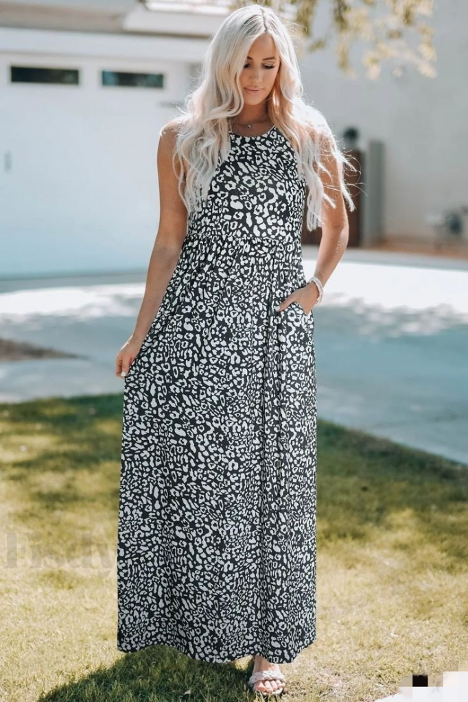 Kadın Kalın Askılı Yuvarlak Yaka Cepli Süprem Maksi Elbise - Görsel 6