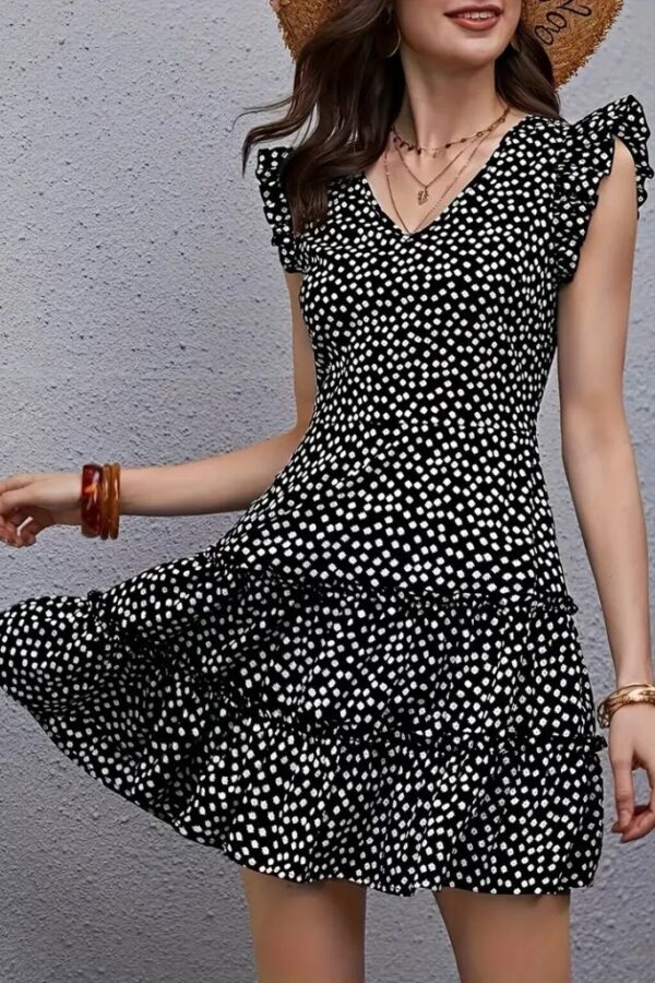 Kadın Kısa Kollu V Yakalı Desenli Fırfırlı Süprem Elbise
