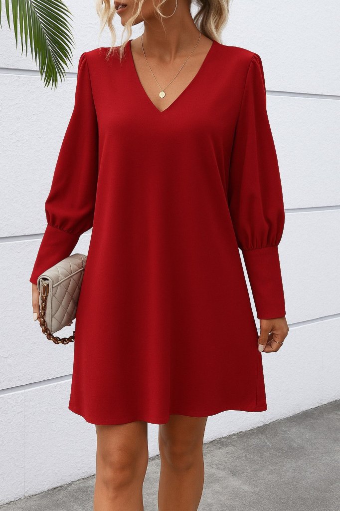 Kadın Uzun Kollu V Yakalı Kısa Ithal Krep Elbise - Görsel 18