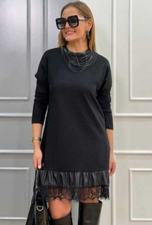 Kadın Uzun Kollu Bisiklet Yaka Etek Ucu Deri Dantelli Viskon Iki Iplik Midi Elbise