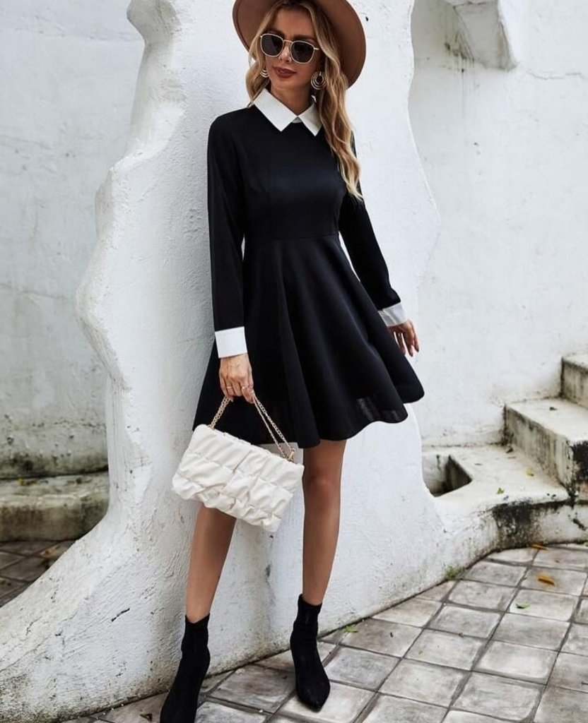 Kadın Uzun Kollu Gömlek Yaka Krep Kumaş Elbise - Görsel 3