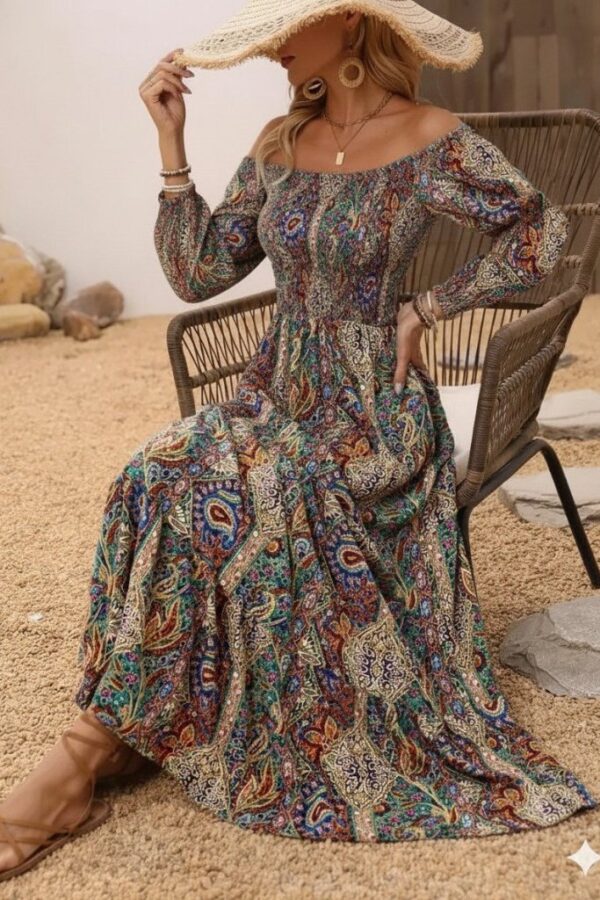 Kadın Düşük Omuzlu Beli Büzgülü Dijital Desenli Kesik Elyaf Süprem Uzun Elbise