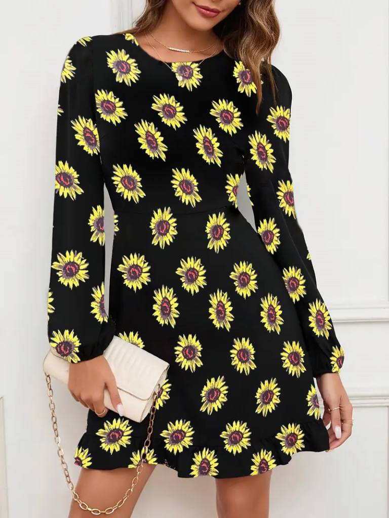 Kadın Uzun Kollu Bisiklet Yaka Desenli Kısa Krep Elbise - Görsel 11