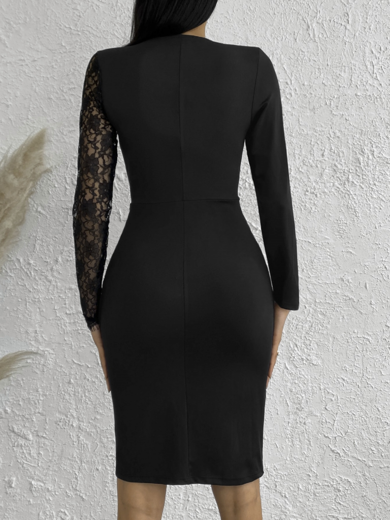 Kadın Uzun Kollu Tek Kolu Dantel Detay V Yakalı Yırtmaçlı Dalgıç Elbise - Görsel 9