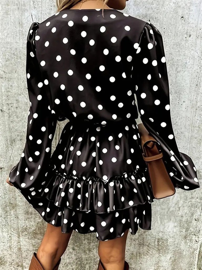 Kadın Uzun Kollu V Yakalı Belden Kuşaklı Puantiyeli Mini Modal Elbise - Görsel 3