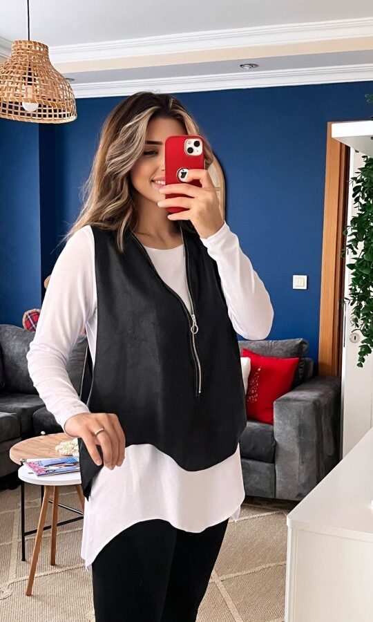 Kadın Uzun Kol Asimetrik Kesim Viskon Bluz Ve çatlak Deri Görünümlü Fermuar Detaylı Yelek Ikili Takım