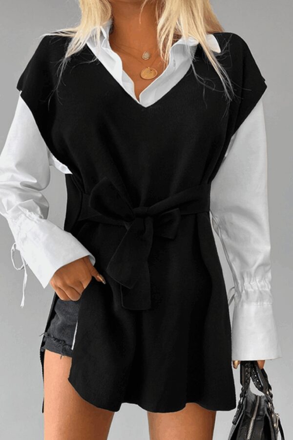 Kadın V Yaka Yırtmaç Detay Arkadan Bağlamalı Triko Bluz