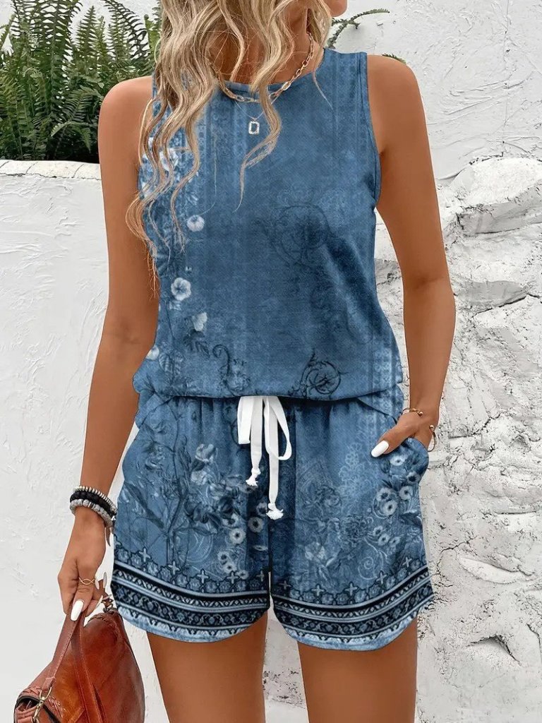 Kadın Askılı Yuvarlak Yaka çiçek Baskılı Süprme Bluz Ve Short Ikili Takım - Görsel 2