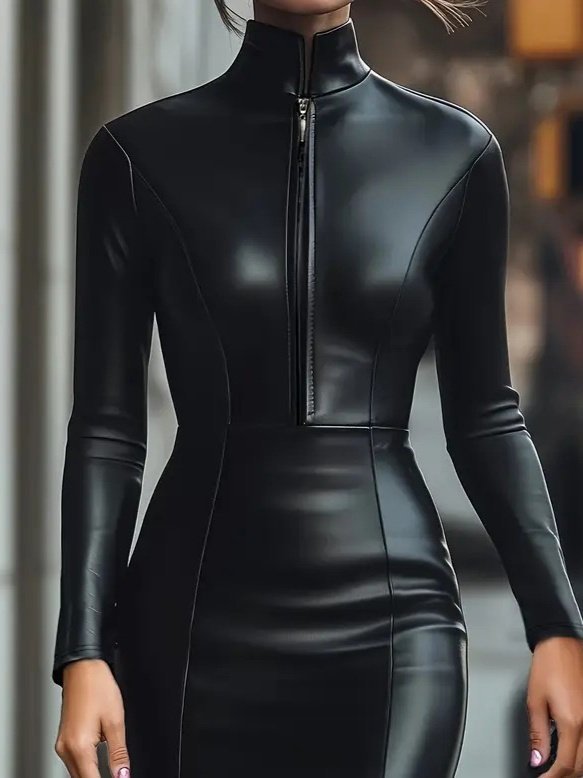 Kadın Uzun Kollu Yakalı Fermuarlı Mini Deri Elbise - Görsel 2