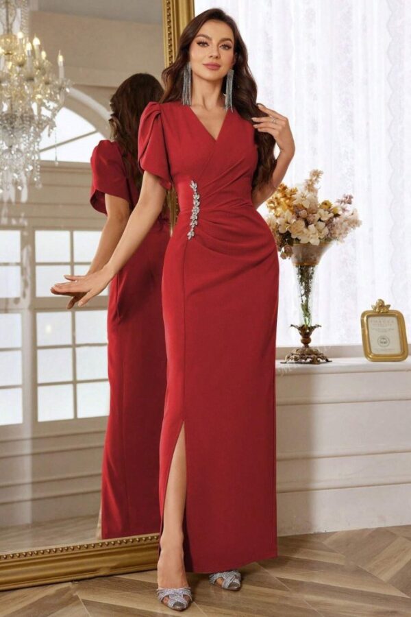 Kadın Kısa Kollu Kruvaze Yakalı Belden çiçek Aksesuarlı Yırtmaçlı Ithal Krep Elbise