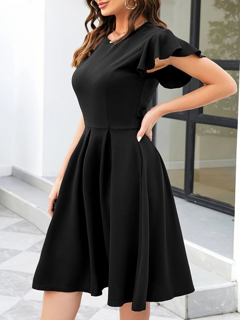 Kadın Kelebek Kollu Bisiklet Yakalı Pileli Ithal Krep Elbise - Görsel 3