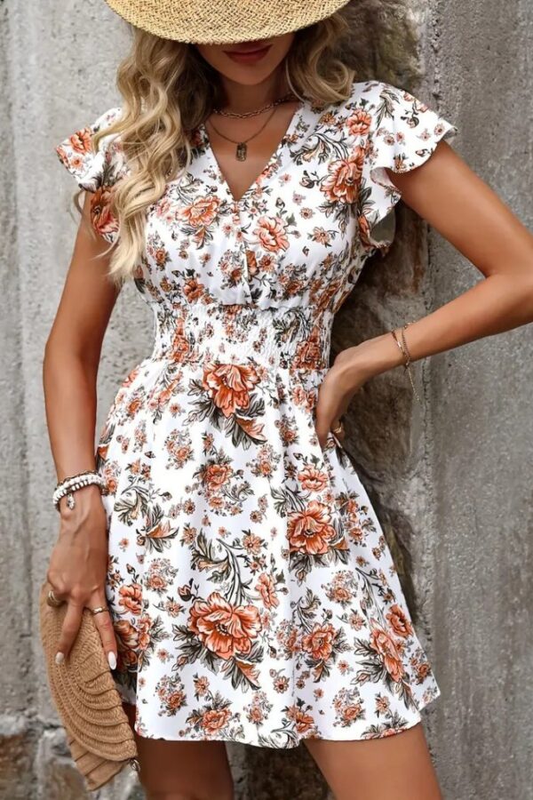 Kadın Kısa Kollu Kruvaze Yakalı çiçek Desenli Süprem Elbise