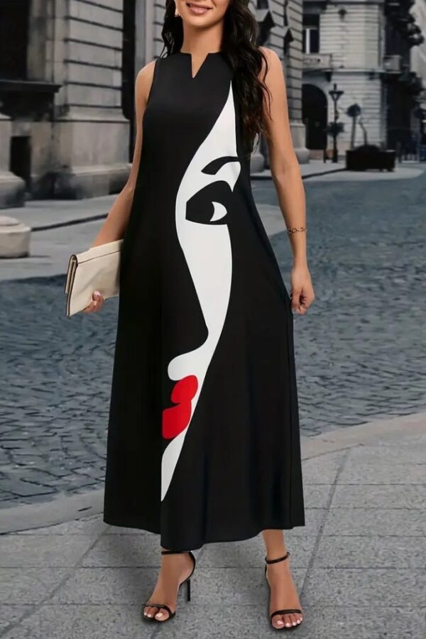 Kadın Sıfır Kol V Yakalı Kadın Yüz Desenli Süprem Elbise