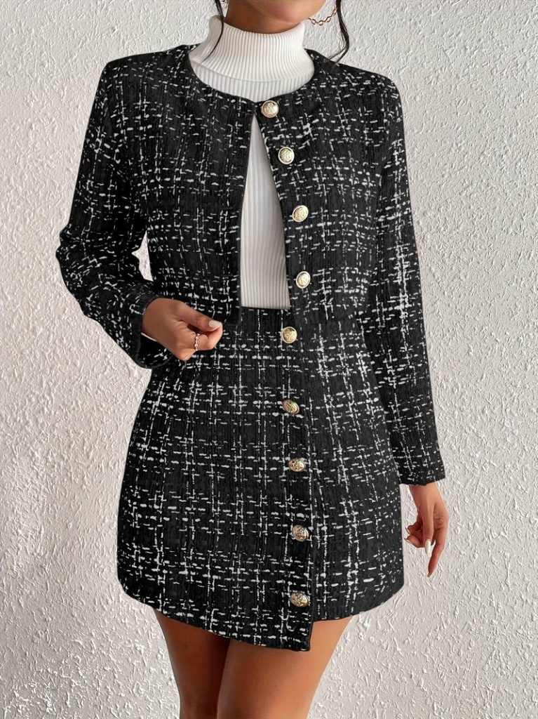 Kadın Uzun Kollu önü Düğmeli şanel Ceket Ve Etek Takım - Görsel 5