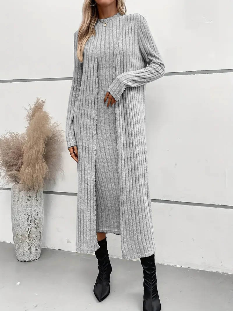 Kadın Uzun Kollu Yarı Balıkçı Yaka şardonlu Dalgıç Elbise Ve Uzun Hırka Ikili Takım - Görsel 3