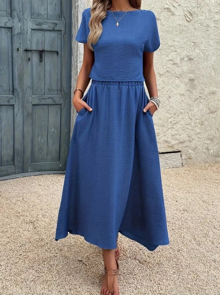 Kadın Kısa Kollu Bisiklet Yaka Bluz Etekli Ithal Keten Ikili Takım - Görsel 4