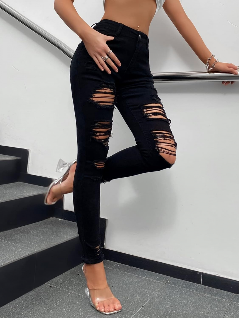 Kadın Yüksek Bel Slim Fit Lazer Kesim Yırtık Pantolon - Görsel 2