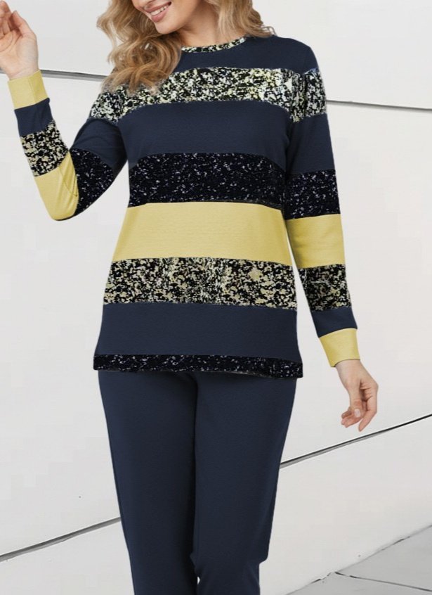 Kadın Uzun Kollu Bisiklet Yaka çizgili Desen Iki Iplik Bluz Ve Pantolon Ikili Takım - Görsel 7