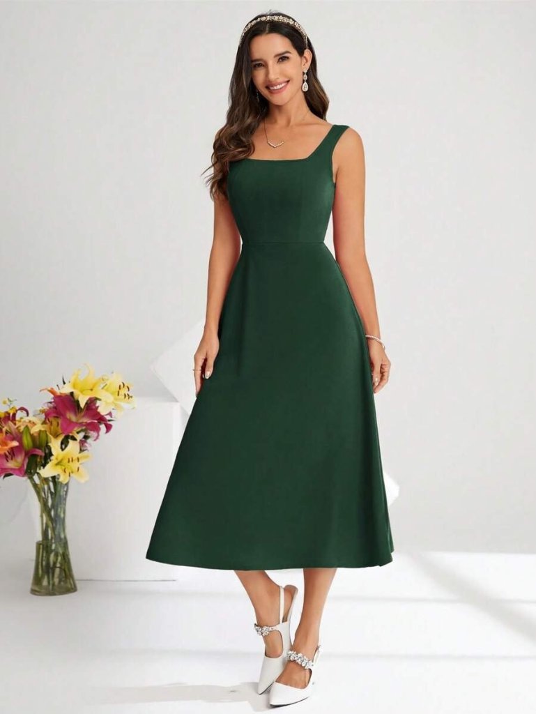 Kadın Askılı Kare Yakalı Midi Ithal Krep Elbise - Görsel 22