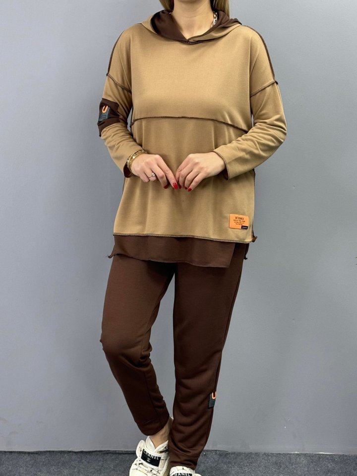 Kadın Yeşil Kapşonlu Etek Ucu Detay Arma Ters Dikiş Gorunumlu Ikili Takım - Görsel 12