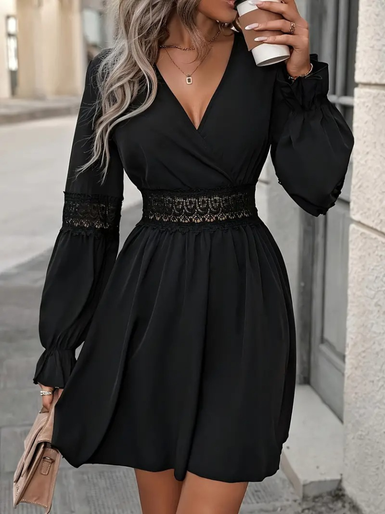 Kadın Uzun Kollu Kruvaze Yakalı Dantelli Fermuar Detaylı Mini Ithal Krep Elbise - Görsel 15