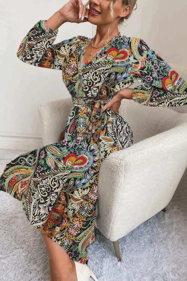 Kadın Uzun Kollu Kruvaze Yakalı Belden Kuşaklı Leopar