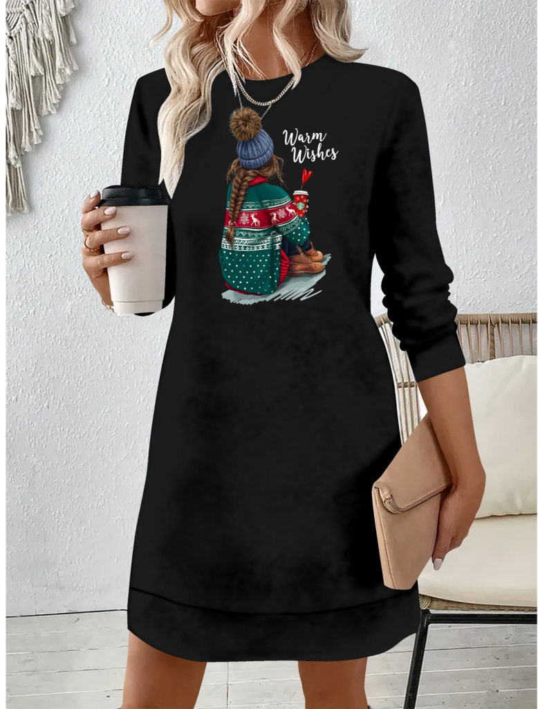 Kadın Uzun Kollu Bisiklet Yaka Desenli Viskon Iki Iplik Elbise - Görsel 2