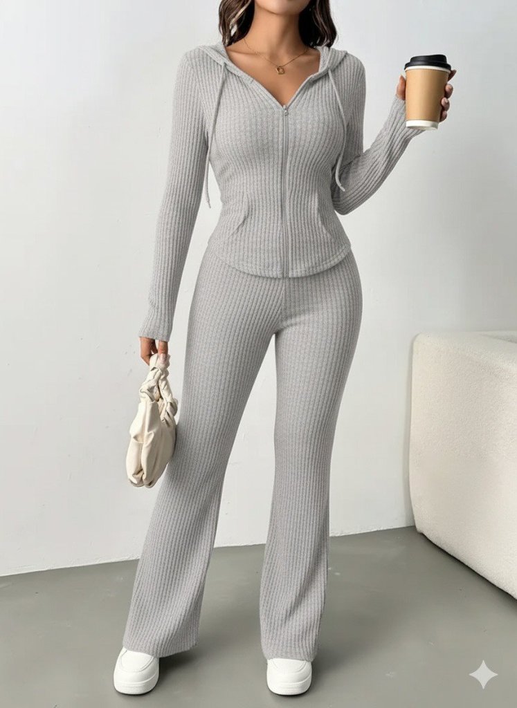 Kadın Uzun Kollu Kapşonlu önden Fermuarlı Kaşkorse Bluz Ve Pantolon Ikili Takım - Görsel 2