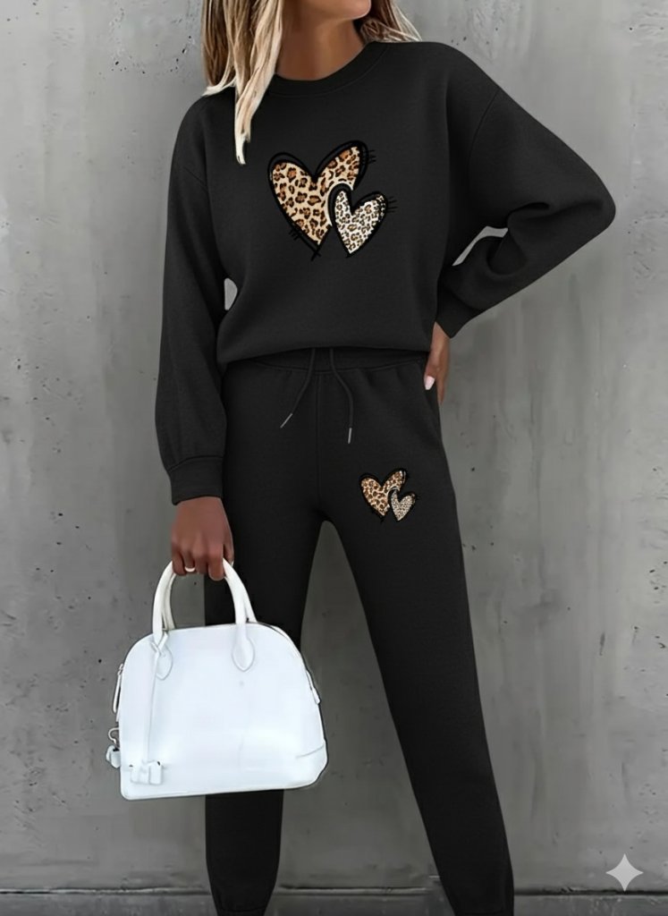 Kadın Uzun Kollu Bisiklet Yaka Kalp Desenli şardonlu üç Iplik Bluz Ve Pantolon Ikili Takım - Görsel 4