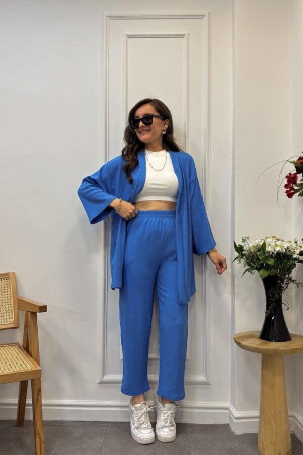 Kadın Uzun Kollu önü Açık Dokuma Ceket Ve Pantolon Ikili Takım