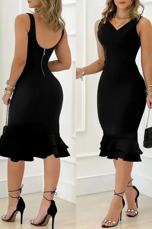 Kadın Askılı V Yaka Arkadan Fermuarlı Dalgıç Elbise