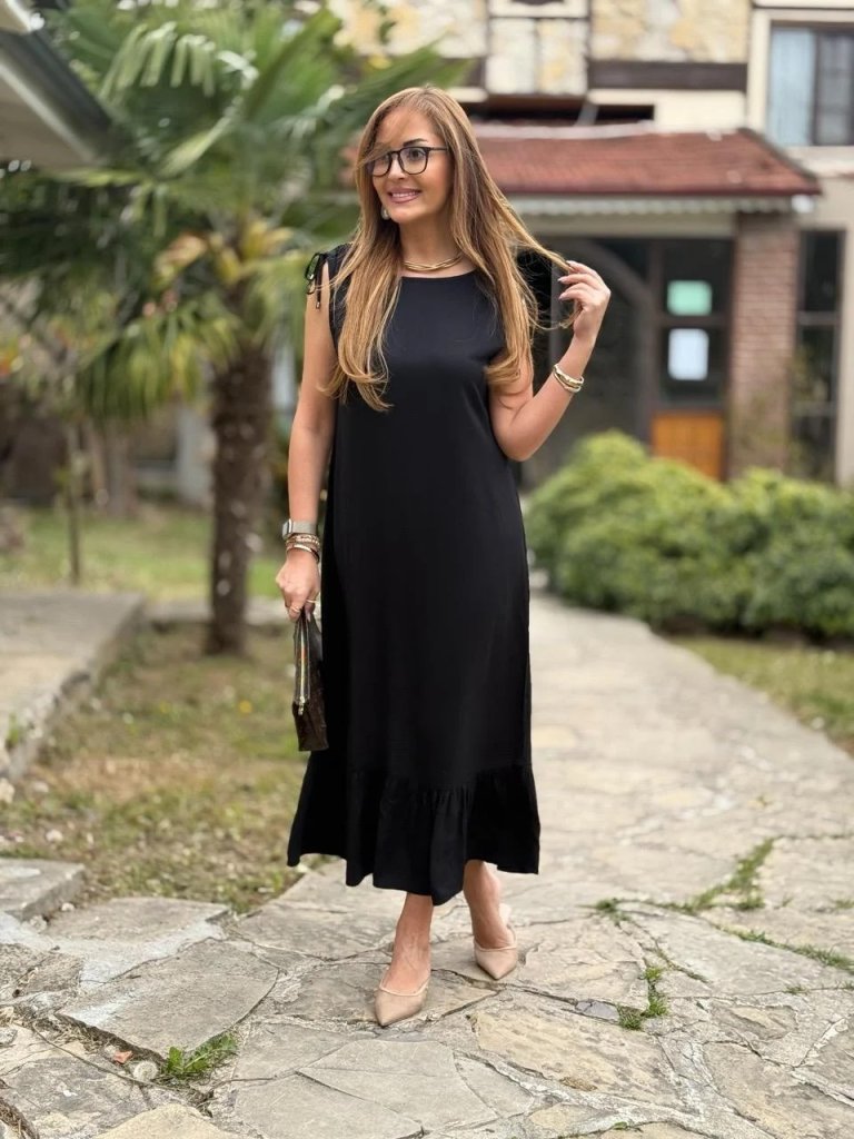 Kadın Omuzlardan Büzgülü Kayık Yaka Fırfırlı Janjan Krep Elbise - Görsel 5