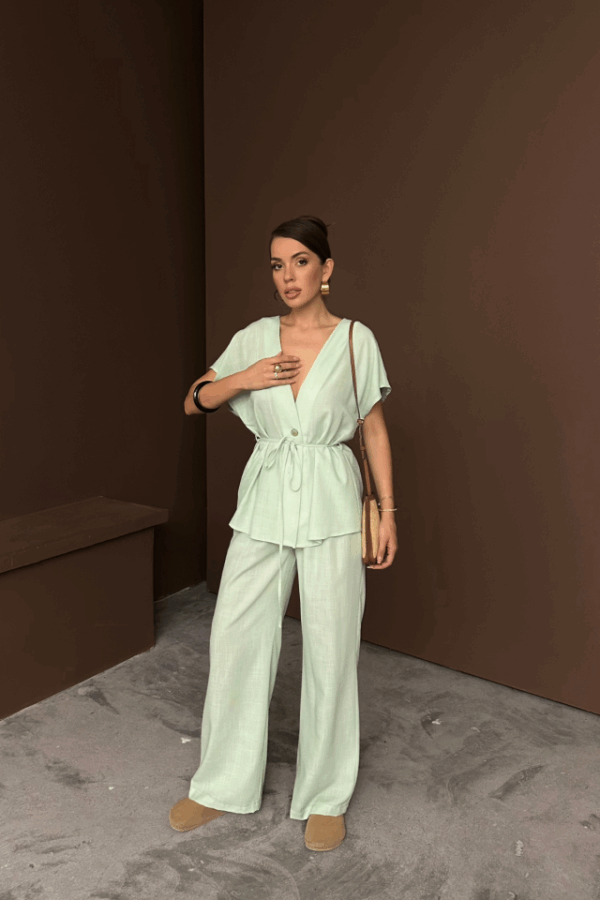 KETEN V YAKA BELDEN BAĞLAMALI BLUZ-PANTOLON TAKIM - Yeşil