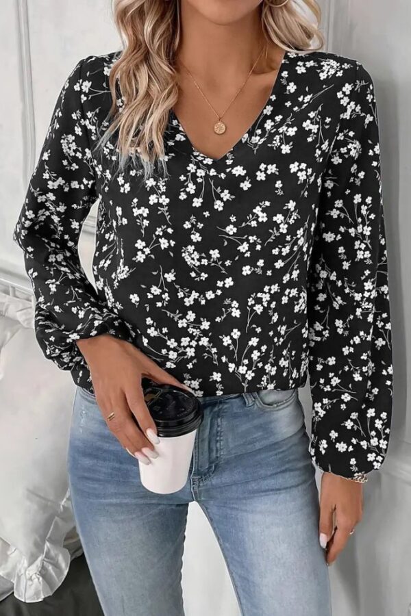 Kadın Uzun Kollu V Yakalı çiçek Desenli Modal Bluz