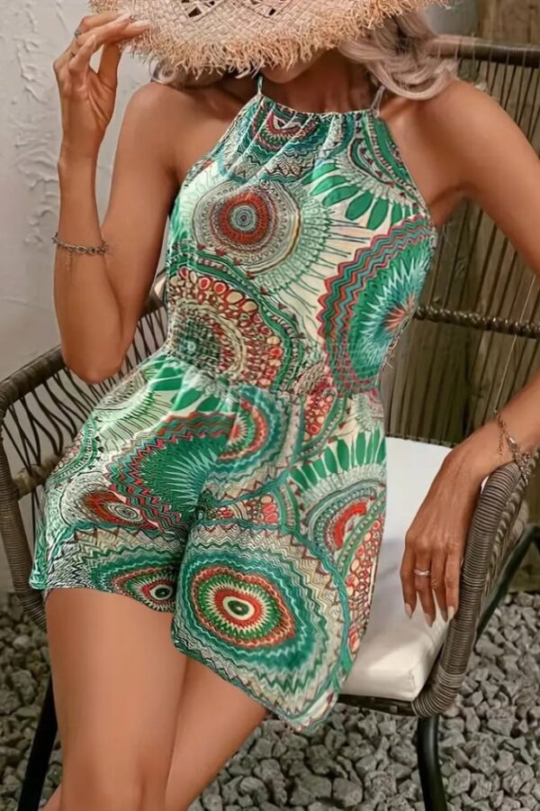 Kadın Omuzlardan Açık Boyun Arkasından Bağlamalı Beli Lastikli Desenli Süprem Kısa Tulum