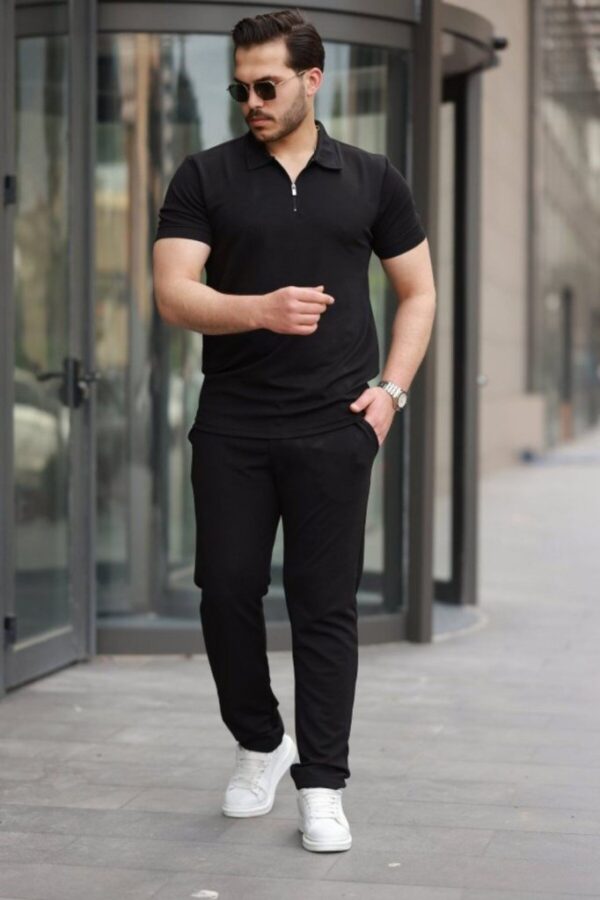 Erkek Kısa Kollu önden Fermuarlı Janjan Krep Tişört Ve Pantolon Ikili Takım