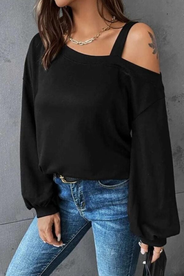 Kadın Uzun Kollu Tek Omuz Askı Detay Salaş Viskon Iki Iplik Bluz