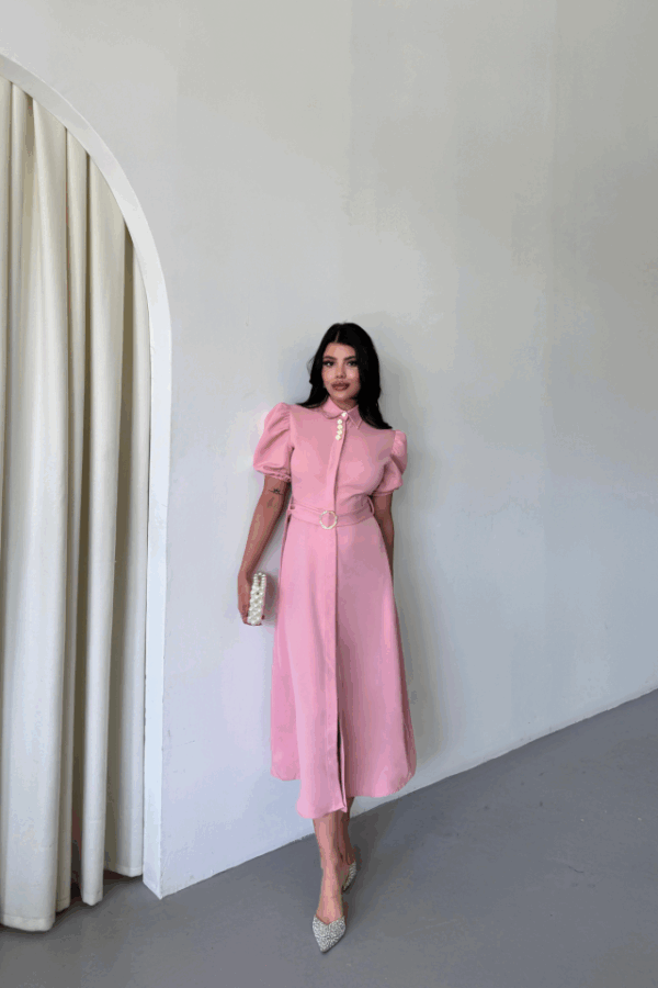 YAKA DÜĞME DETAYLI ELBİSE- Pembe