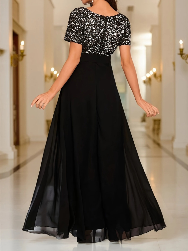 Kadın Kısa Kollu Derin V Yakalı A Kesim Pulpayet Detaylı şifon Nedime Elbisesi - Görsel 5