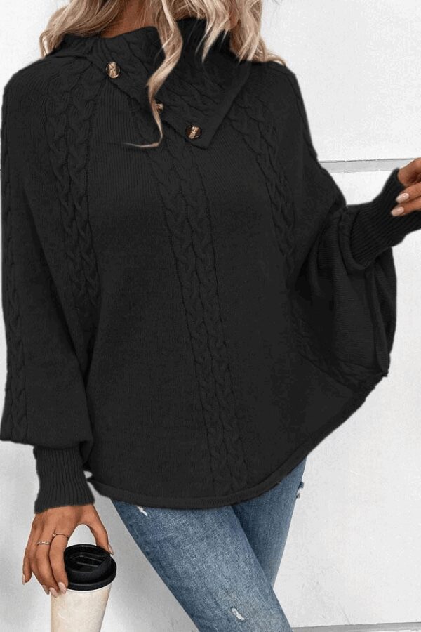 Kadın Uzun Kollu Balıkçı Yaka Düğme Detaylı Triko Panço
