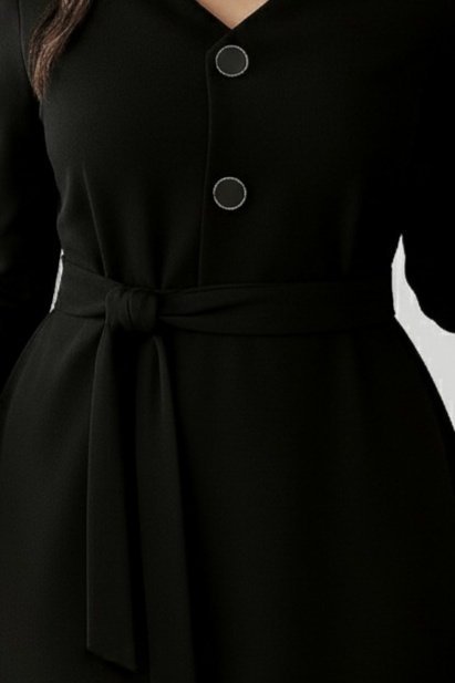 Kadın Uzun Kollu Düğme Detaylı Kendinden Kemerli Ithal Krep Elbise - Görsel 2